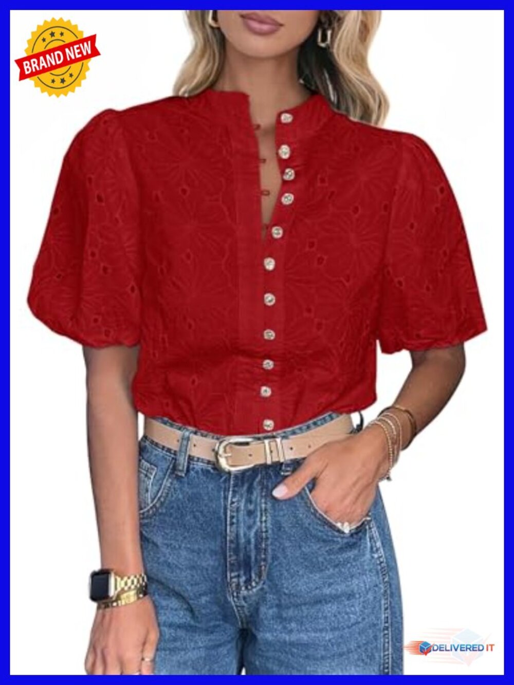 Women's Boho Short Sleeve V-Neck Button Down Cotton Lace Embroidered Blouse Top